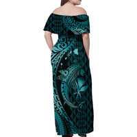 Aloha Hawaii Hammerhead Shark Family Matching Off Shoulder Maxi Dress and Hawaiian Shirt Turquoise Kakau and Polynesian Tattoo LT03 - Polynesian Pride