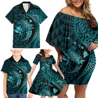 Aloha Hawaii Hammerhead Shark Family Matching Off Shoulder Short Dress and Hawaiian Shirt Turquoise Kakau and Polynesian Tattoo LT03 - Polynesian Pride