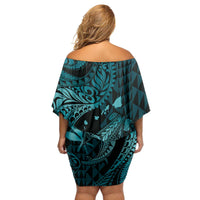 Aloha Hawaii Hammerhead Shark Family Matching Off Shoulder Short Dress and Hawaiian Shirt Turquoise Kakau and Polynesian Tattoo LT03 - Polynesian Pride