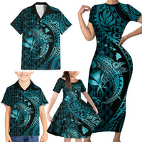 Aloha Hawaii Hammerhead Shark Family Matching Short Sleeve Bodycon Dress and Hawaiian Shirt Turquoise Kakau and Polynesian Tattoo LT03 - Polynesian Pride