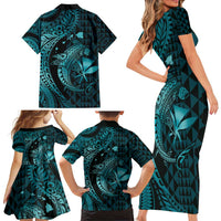 Aloha Hawaii Hammerhead Shark Family Matching Short Sleeve Bodycon Dress and Hawaiian Shirt Turquoise Kakau and Polynesian Tattoo LT03 - Polynesian Pride