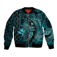 Aloha Hawaii Hammerhead Shark Sleeve Zip Bomber Jacket Turquoise Kakau and Polynesian Tattoo LT03 Unisex Turquoise - Polynesian Pride