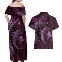 Aloha Hawaii Hammerhead Shark Couples Matching Off Shoulder Maxi Dress and Hawaiian Shirt Purple Kakau and Polynesian Tattoo LT03 - Polynesian Pride