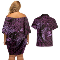 Aloha Hawaii Hammerhead Shark Couples Matching Off Shoulder Short Dress and Hawaiian Shirt Purple Kakau and Polynesian Tattoo LT03 - Polynesian Pride