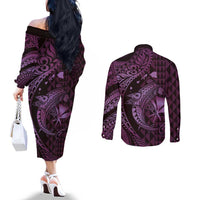 Aloha Hawaii Hammerhead Shark Couples Matching Off The Shoulder Long Sleeve Dress and Long Sleeve Button Shirt Purple Kakau and Polynesian Tattoo LT03 - Polynesian Pride