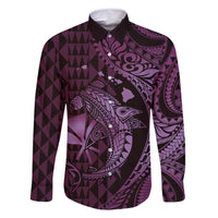 Aloha Hawaii Hammerhead Shark Family Matching Long Sleeve Bodycon Dress and Hawaiian Shirt Purple Kakau and Polynesian Tattoo LT03 Dad's Shirt - Long Sleeve Purple - Polynesian Pride