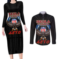 American Samoa Fautasi Couples Matching Long Sleeve Bodycon Dress and Long Sleeve Button Shirt Pago Pago Aeto and Iseula o le Moana of Fagatogo Black Color LT03 Black - Polynesian Pride