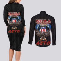 American Samoa Fautasi Couples Matching Long Sleeve Bodycon Dress and Long Sleeve Button Shirt Pago Pago Aeto and Iseula o le Moana of Fagatogo Black Color LT03 - Polynesian Pride