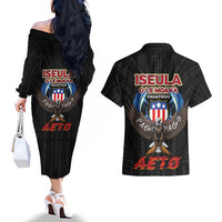 American Samoa Fautasi Couples Matching Off The Shoulder Long Sleeve Dress and Hawaiian Shirt Pago Pago Aeto and Iseula o le Moana of Fagatogo Black Color LT03 - Polynesian Pride