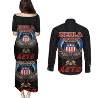 American Samoa Fautasi Couples Matching Puletasi and Long Sleeve Button Shirt Pago Pago Aeto and Iseula o le Moana of Fagatogo Black Color LT03 - Polynesian Pride