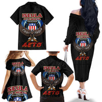 American Samoa Fautasi Family Matching Off The Shoulder Long Sleeve Dress and Hawaiian Shirt Pago Pago Aeto and Iseula o le Moana of Fagatogo Black Color LT03 - Polynesian Pride