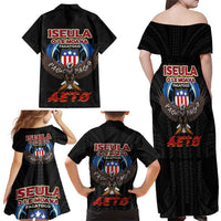 American Samoa Fautasi Family Matching Off Shoulder Maxi Dress and Hawaiian Shirt Pago Pago Aeto and Iseula o le Moana of Fagatogo Black Color LT03 - Polynesian Pride
