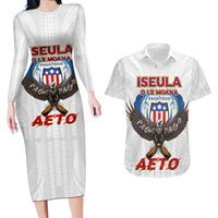 American Samoa Fautasi Couples Matching Long Sleeve Bodycon Dress and Hawaiian Shirt Pago Pago Aeto and Iseula o le Moana of Fagatogo White Color LT03 White - Polynesian Pride