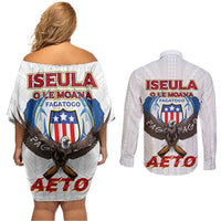 American Samoa Fautasi Couples Matching Off Shoulder Short Dress and Long Sleeve Button Shirt Pago Pago Aeto and Iseula o le Moana of Fagatogo White Color LT03 - Polynesian Pride