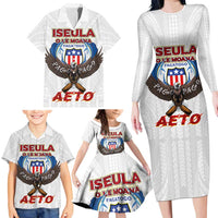 American Samoa Fautasi Family Matching Long Sleeve Bodycon Dress and Hawaiian Shirt Pago Pago Aeto and Iseula o le Moana of Fagatogo White Color LT03 - Polynesian Pride