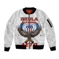 American Samoa Fautasi Sleeve Zip Bomber Jacket Pago Pago Aeto and Iseula o le Moana of Fagatogo White Color LT03 Unisex White - Polynesian Pride