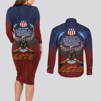 American Samoa Fautasi Couples Matching Long Sleeve Bodycon Dress and Long Sleeve Button Shirt Pago Pago Aeto and Iseula o le Moana of Fagatogo Red-Blue LT03 - Polynesian Pride