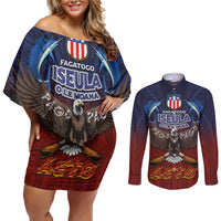 American Samoa Fautasi Couples Matching Off Shoulder Short Dress and Long Sleeve Button Shirt Pago Pago Aeto and Iseula o le Moana of Fagatogo Red-Blue LT03 Blue - Polynesian Pride