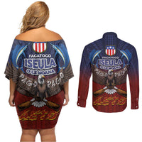 American Samoa Fautasi Couples Matching Off Shoulder Short Dress and Long Sleeve Button Shirt Pago Pago Aeto and Iseula o le Moana of Fagatogo Red-Blue LT03 - Polynesian Pride