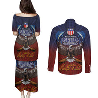 American Samoa Fautasi Couples Matching Puletasi and Long Sleeve Button Shirt Pago Pago Aeto and Iseula o le Moana of Fagatogo Red-Blue LT03 - Polynesian Pride