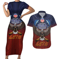 American Samoa Fautasi Couples Matching Short Sleeve Bodycon Dress and Hawaiian Shirt Pago Pago Aeto and Iseula o le Moana of Fagatogo Red-Blue LT03 Blue - Polynesian Pride