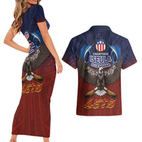 American Samoa Fautasi Couples Matching Short Sleeve Bodycon Dress and Hawaiian Shirt Pago Pago Aeto and Iseula o le Moana of Fagatogo Red-Blue LT03 - Polynesian Pride