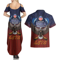 American Samoa Fautasi Couples Matching Summer Maxi Dress and Hawaiian Shirt Pago Pago Aeto and Iseula o le Moana of Fagatogo Red-Blue LT03 - Polynesian Pride