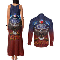 American Samoa Fautasi Couples Matching Tank Maxi Dress and Long Sleeve Button Shirt Pago Pago Aeto and Iseula o le Moana of Fagatogo Red-Blue LT03 - Polynesian Pride