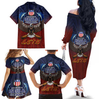 American Samoa Fautasi Family Matching Off The Shoulder Long Sleeve Dress and Hawaiian Shirt Pago Pago Aeto and Iseula o le Moana of Fagatogo Red-Blue LT03 - Polynesian Pride