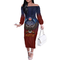 American Samoa Fautasi Family Matching Off The Shoulder Long Sleeve Dress and Hawaiian Shirt Pago Pago Aeto and Iseula o le Moana of Fagatogo Red-Blue LT03 Mom's Dress Blue - Polynesian Pride