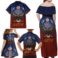 American Samoa Fautasi Family Matching Off Shoulder Maxi Dress and Hawaiian Shirt Pago Pago Aeto and Iseula o le Moana of Fagatogo Red-Blue LT03 - Polynesian Pride