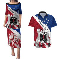 Samoa Rugby Couples Matching Puletasi Dress and Hawaiian Shirt Siva Tau Dance Polynesian Tattoo Brush Style LT03 Red - Polynesian Pride