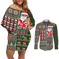 Hawaii Mele Kalikimaka Couples Matching Off Shoulder Short Dress and Long Sleeve Button Shirt Aloha and Christmas Elements Patchwork Green Style LT03 Green - Polynesian Pride