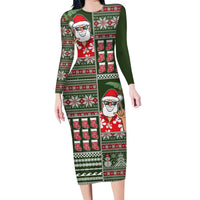 Hawaii Mele Kalikimaka Family Matching Long Sleeve Bodycon Dress and Hawaiian Shirt Aloha and Christmas Elements Patchwork Green Style LT03 Mom's Dress Green - Polynesian Pride