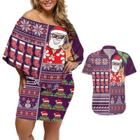 Hawaii Mele Kalikimaka Couples Matching Off Shoulder Short Dress and Hawaiian Shirt Aloha and Christmas Elements Patchwork Pink Style LT03 Pink - Polynesian Pride