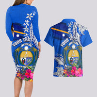 Personalised Nauru Coat of Arms Couples Matching Long Sleeve Bodycon Dress and Hawaiian Shirt Tropical Flower Polynesian Pattern LT03 - Polynesian Pride