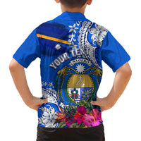 Personalised Nauru Coat of Arms Family Matching Short Sleeve Bodycon Dress and Hawaiian Shirt Tropical Flower Polynesian Pattern LT03 - Polynesian Pride