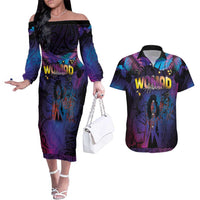 Aotearoa Arts Festival 2025 Couples Matching Off The Shoulder Long Sleeve Dress and Hawaiian Shirt Maori Music Art Dance - Rhythmic Vibes LT03 Black - Polynesian Pride