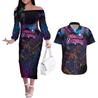 Aotearoa Arts Festival 2025 Couples Matching Off The Shoulder Long Sleeve Dress and Hawaiian Shirt Maori Performing Art and Music - Rhythmic Vibes LT03 Black - Polynesian Pride