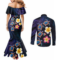 Hawaiian Turtles and Plumeria Couples Matching Mermaid Dress and Long Sleeve Button Shirt Polynesian Art Tribal Tattoo Dark Aqua Color LT03 - Polynesian Pride