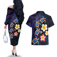 Hawaiian Turtles and Plumeria Couples Matching Off The Shoulder Long Sleeve Dress and Hawaiian Shirt Polynesian Art Tribal Tattoo Dark Aqua Color LT03 - Polynesian Pride