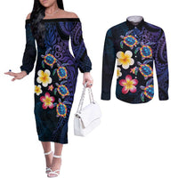 Hawaiian Turtles and Plumeria Couples Matching Off The Shoulder Long Sleeve Dress and Long Sleeve Button Shirt Polynesian Art Tribal Tattoo Dark Aqua Color LT03 Blue - Polynesian Pride