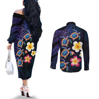 Hawaiian Turtles and Plumeria Couples Matching Off The Shoulder Long Sleeve Dress and Long Sleeve Button Shirt Polynesian Art Tribal Tattoo Dark Aqua Color LT03 - Polynesian Pride