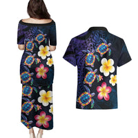 Hawaiian Turtles and Plumeria Couples Matching Puletasi and Hawaiian Shirt Polynesian Art Tribal Tattoo Dark Aqua Color LT03 - Polynesian Pride