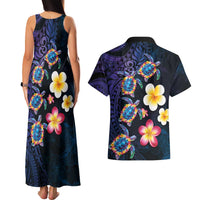 Hawaiian Turtles and Plumeria Couples Matching Tank Maxi Dress and Hawaiian Shirt Polynesian Art Tribal Tattoo Dark Aqua Color LT03 - Polynesian Pride