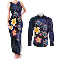 Hawaiian Turtles and Plumeria Couples Matching Tank Maxi Dress and Long Sleeve Button Shirt Polynesian Art Tribal Tattoo Dark Aqua Color LT03 Blue - Polynesian Pride