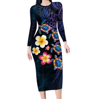 Hawaiian Turtles and Plumeria Family Matching Long Sleeve Bodycon Dress and Hawaiian Shirt Polynesian Art Tribal Tattoo Dark Aqua Color LT03 Mom's Dress Blue - Polynesian Pride