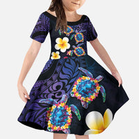 Hawaiian Turtles and Plumeria Family Matching Off Shoulder Maxi Dress and Hawaiian Shirt Polynesian Art Tribal Tattoo Dark Aqua Color LT03 Daughter's Dress Blue - Polynesian Pride