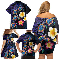 Hawaiian Turtles and Plumeria Family Matching Off Shoulder Short Dress and Hawaiian Shirt Polynesian Art Tribal Tattoo Dark Aqua Color LT03 - Polynesian Pride