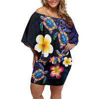 Hawaiian Turtles and Plumeria Family Matching Off Shoulder Short Dress and Hawaiian Shirt Polynesian Art Tribal Tattoo Dark Aqua Color LT03 Mom's Dress Blue - Polynesian Pride